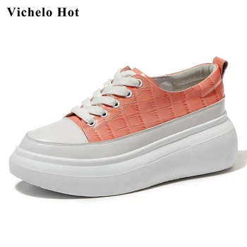 

Vichelo Hot genuine leather round toe thick bottom mixed color sneaker simple style breathable casual women vulcanized shoes L61