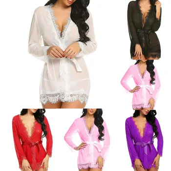 

Sexy Nightgowns Babydoll Women Sleepwear Lace Mesh Perspective Nightdress Robe with Thong Belt Sets Plus Size S-3XL Temptation