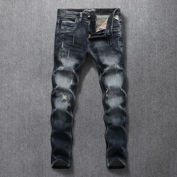 

Italian Vintage Style Fashion Men Jeans Top Quality Slim Fit Black Blue Ripped Jeans Men Streetwear Hip Hop Designer Jeans Homme