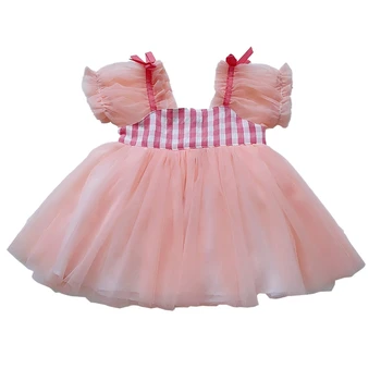 

Girls Puff Sleeve Princess Dress Children's Plaid Mesh Ball Gown Dresses Kids Princess Prom Party Clothes 2-6Y