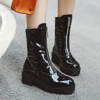 

Fashion Front Zipper Women Boots Patent Leather Low Heel Ankle Boots Comfortable Round Toe Autumn Winter Female Boots Shoes 2019