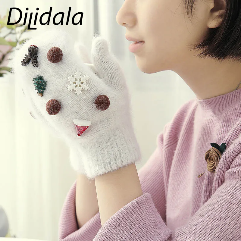Dilidala, рождественские кашемировые перчатки ручной работы с драгоценными камнями, зимние теплые декоративные перчатки, Женские варежки из кроличьего меха