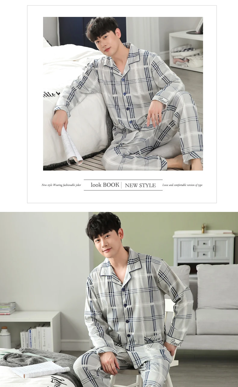 Men Pyjama Set Full Cotton Spring Long Sleeve Print Men Pajama Suit Autumn Nightwear Collar Pijama Male Sleepwear Two Piece 4XL mens cotton pyjamas