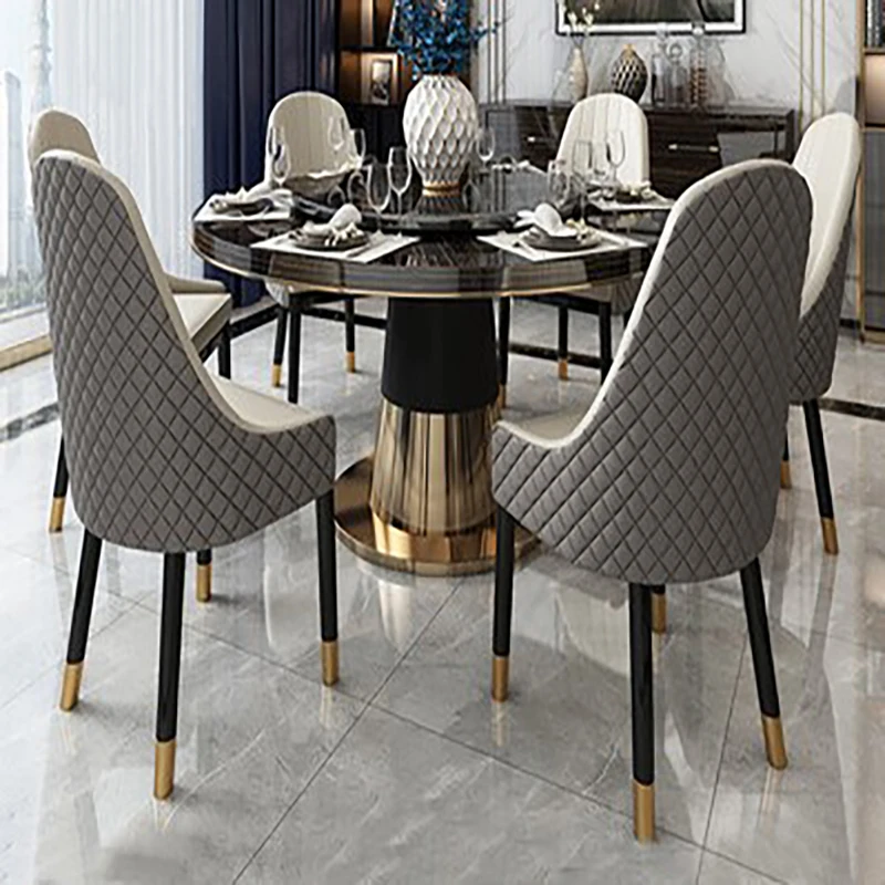 

Postmodern light luxury round dining table large apartment villa living room solid wood turntable table and chair combination