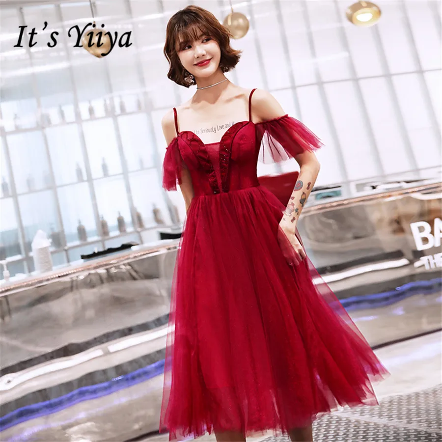 

It's Yiiya Prom Dresses Burgundy Sweetheart Sling vestidos de gala Elegant Plus Size Tea Length Women Formal Dress 2020 E1282