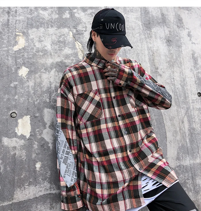 AELFRIC с буквенным принтом клетчатые Лоскутные мужские рубашки Мода Harajuku уличная хип хоп Повседневная хлопковая негабаритная с длинным рукавом