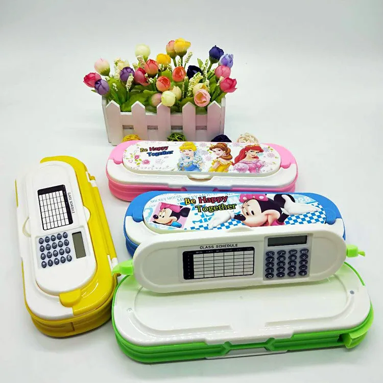 6pcs-disney-creative-stationery-box-cartoon-double-layer-large-capacity-calculator-pen-case-multifunctional-learning-gift