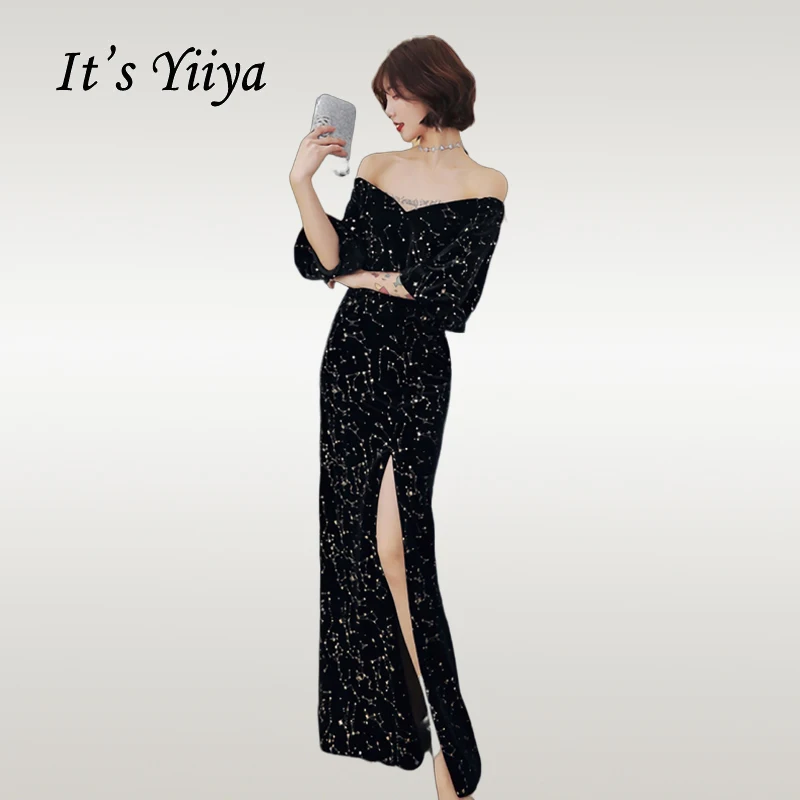 

It's Yiiya Evening Dress Shining Black Boat Neck Sequin Mermaid Women Party Dresses Hafl Sleeve Floor Length Robe De Soiree E724