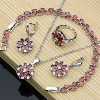 

Beautiful Red Cubic Zirconia 925 Silver Bridal Necklace Jewelry Sets Charm Earring Bracelet Dubai Jewelry 4PCS