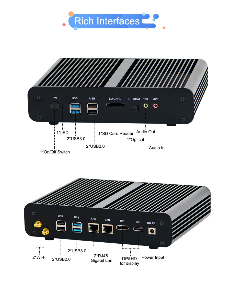 Cheap Windows 10 Mini Fanless PC i7 5500U i5 5200U i3 5005U 2*Lans 2*HDMI 1*Optical Barebone HTPC G