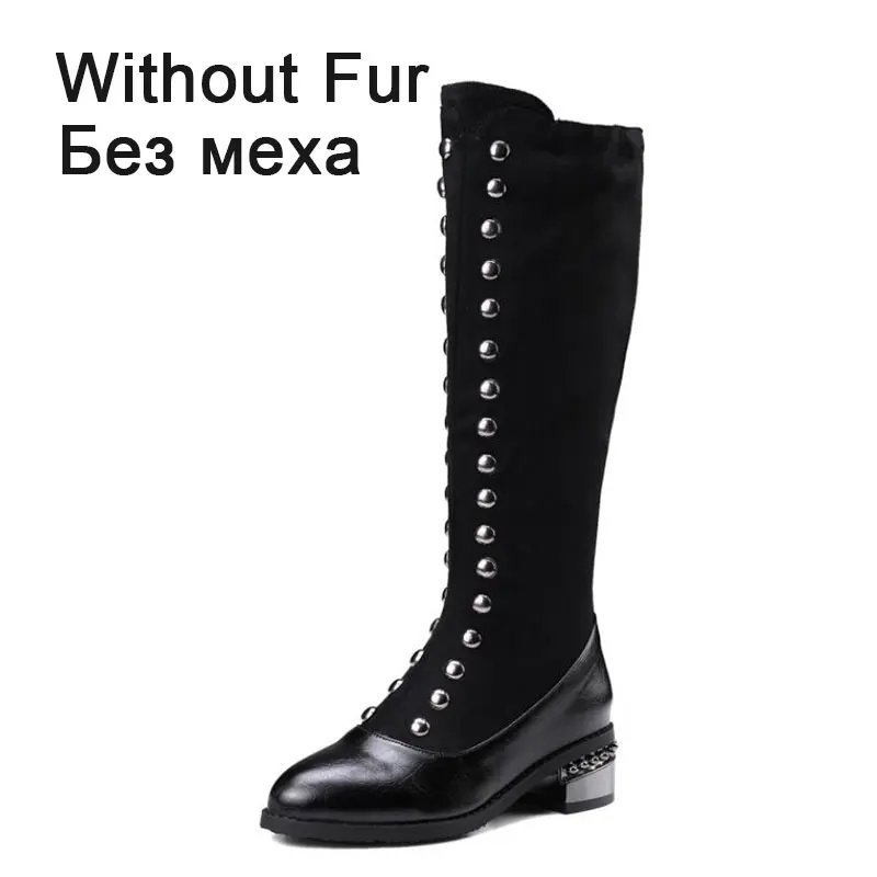 RIZABINA, размеры 32-48, женские сапоги до колена модная зимняя теплая обувь женские Офисные высокие сапоги на молнии обувь на каблуке с Плюшевым Мехом - Цвет: black without fur