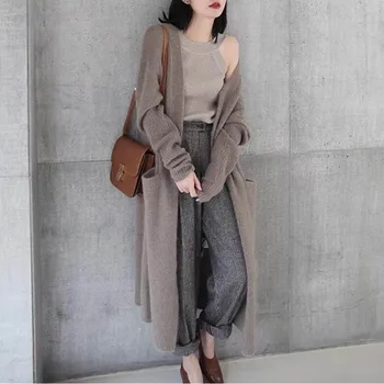 

Cardigan Women Sweater Autumn Winter Thick Warm Solid Simple Knitwear Loose Korean Street Fashion Black Long Jumper Knitted Top