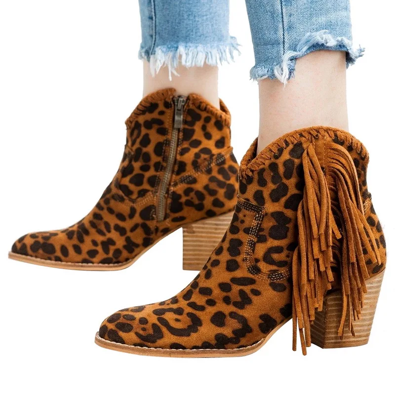 leopard4 WENYUJH; женские полусапожки; ботинки с круглым носком и пряжкой на ремешке с бахромой; теплые Нескользящие Женские ботинки в этническом стиле; Botas Mujer - Цвет: leopard4
