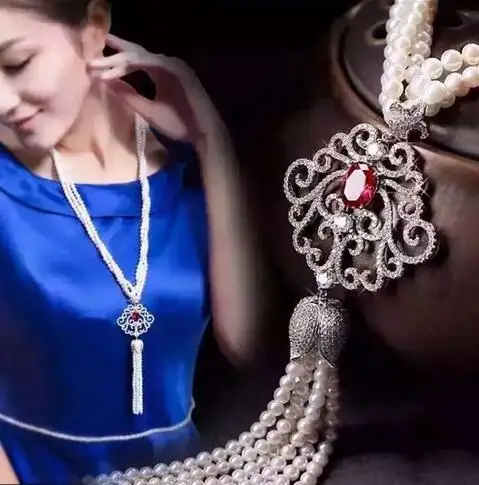 

free shipping 3Strands 6-7mm White Pearl micro inlay zircon CZ Necklace Pendant 925 silver