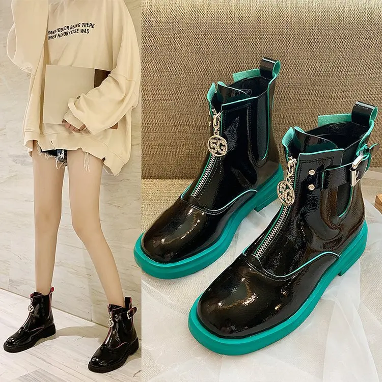 

Martin Boots Women's British-Style 2019 Autumn And Winter New Style Patent Leather Square Heel Man-made Diamond Front Zipper Bel