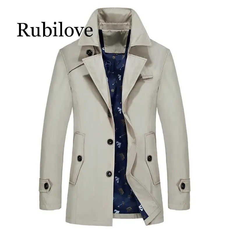 Rubilove, мужской Тренч, куртка, осень, для мужчин, модный бренд, приталенный, сплошной цвет, с отворотом, длинное пальто, повседневный Тренч, пальто для мужчин