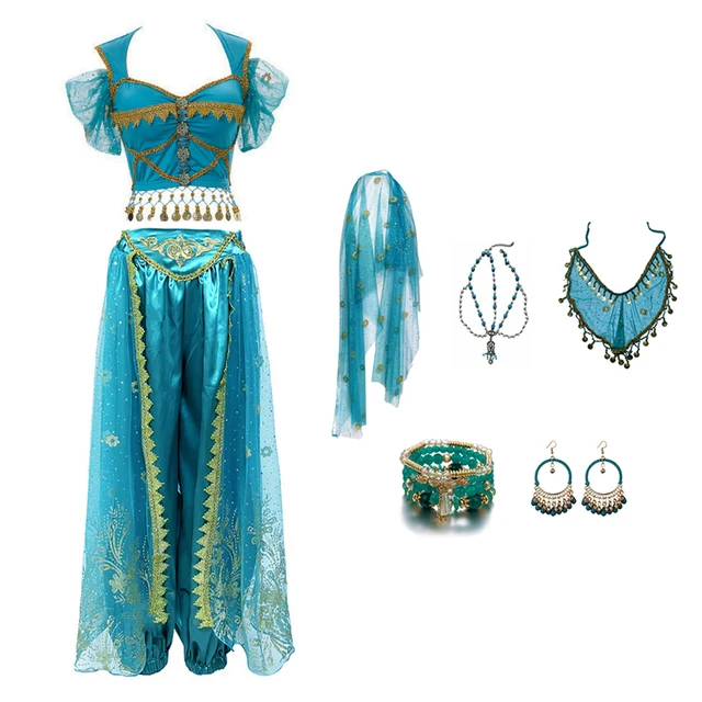 Festival Arabian Princess Costumes Indian Dance Embroider Bollywood Jasmine Costume Party Cosplay Jasmine Princess Fancy Outfit Blue 2 - 7pcs Set