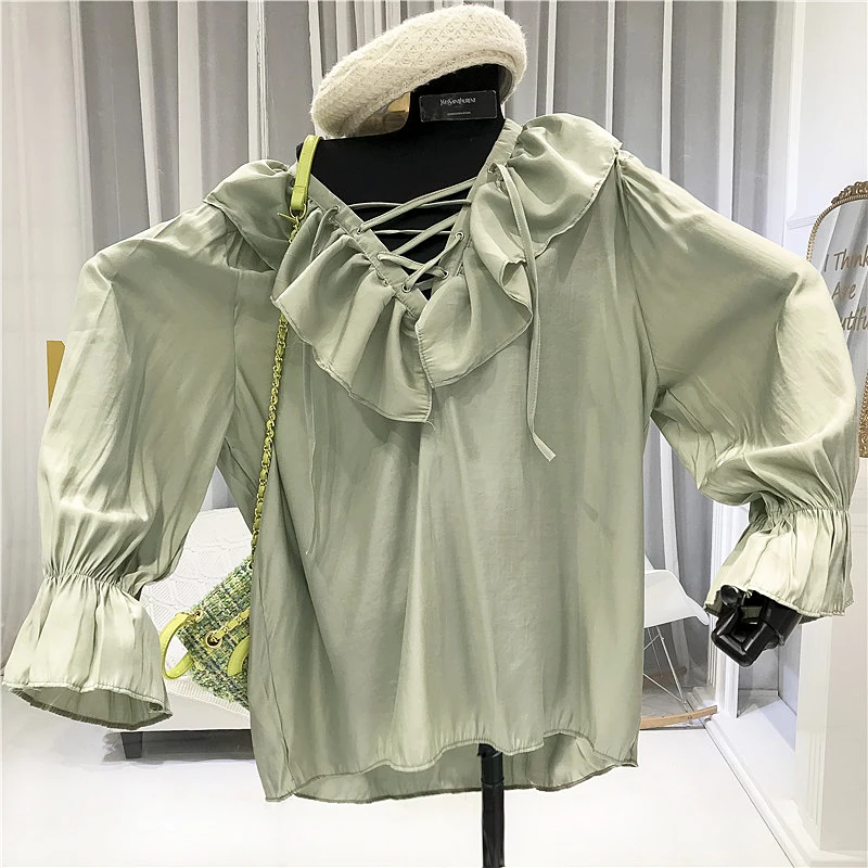 

Bohemian Ruffles ladies tops blouse 2020 women V-Neck Solid Flare Sleeve blusa manga comprida feminina green