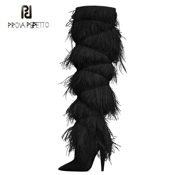 

Prova Perfetto Blue White Fringe Sexy Women Ankle Strap Boot Pointed Toe Zipper Over The Knee Boots High Heel Dress Runway Shoes