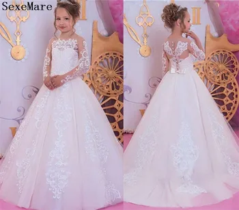 

Long Sleeves White Flower Girl Dresses Lace Applique For Weddings Girl First Communion Gown Pageant Party Dresses