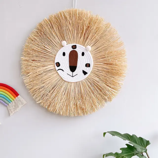 Cartoon Lion Tiger Head Hanging Decorations INS Nordic Hand Woven Boy Kids Room Decor Weaving Cute Animal Ornaments Wall Decor 1
