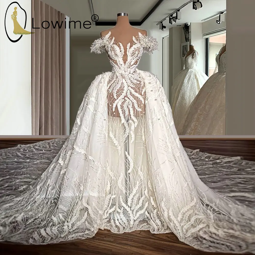 

Ivory See Through Pearls Wedding Dresses with Detachable Train Illusion Lace Overskirt Bridal Gowns Custom Made