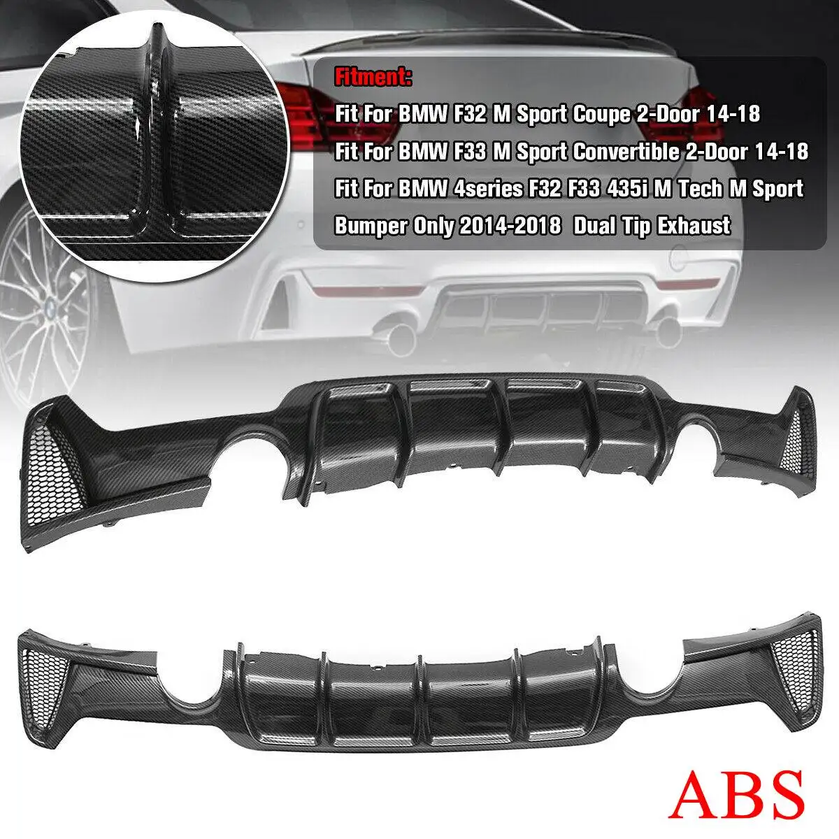 

NEW Carbon Fiber Pattern Car ABS Bumper Lip Diffuser Dual Tip Exhaust Fits For BMW 4series F32 F33 435i M Tech