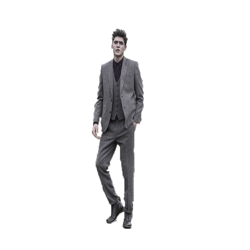

2020 New Arrival Grey Tweed Casual Men Suit Slim Fit 3 Piece Winter Tuxedo Custom Blazer Groom Prom Suits (Jacket+Pants+Vest)