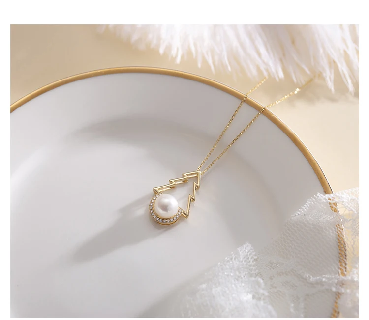 Chic&Charms 9K&14K Natural Pearl&Diamond Necklace Real Yellow Gold christmas trees individuation Women Jewelry