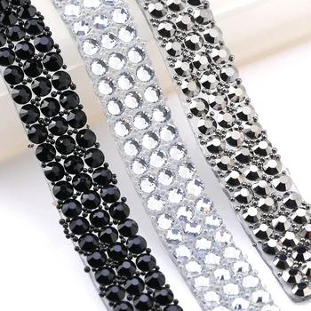 

9mm 3 Rows Rhinestone 1 Yard Crystal Glass Hot Fix Sewing Trim Tape Applicator Ribbon With Rhinestones Appliques For Clothing