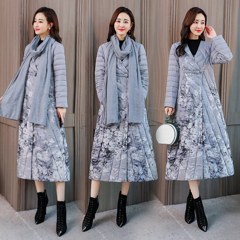 

Retro National Wind 2019 Winter New Style Fashion Mid-length down Feather Cotton-padded Clothes Thick Slim Fit V-neck over-the-K