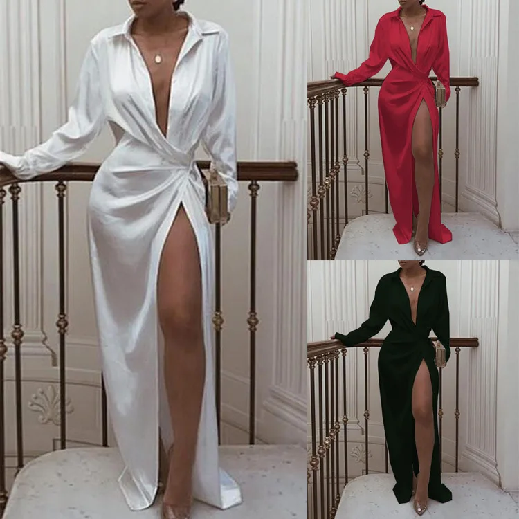 

BacklakeGirls 2019 Autumn And Winter Explosion Models Lapel Sexy Long Sleeve Side Split Dress Long Simple Solid Beach Dress