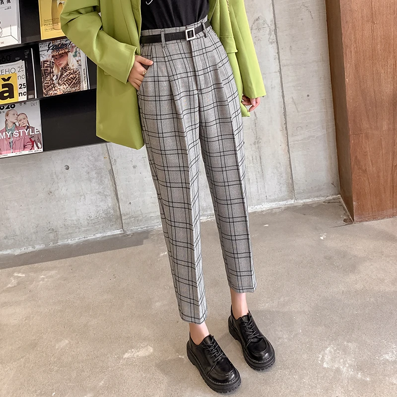Высокого качества в стиле Harajuku штаны-шаровары в клетку Для женщин с высокой талией с карманами штаны с поясом в Корейском стиле уличные брюки Для женщин pantalon mujer
