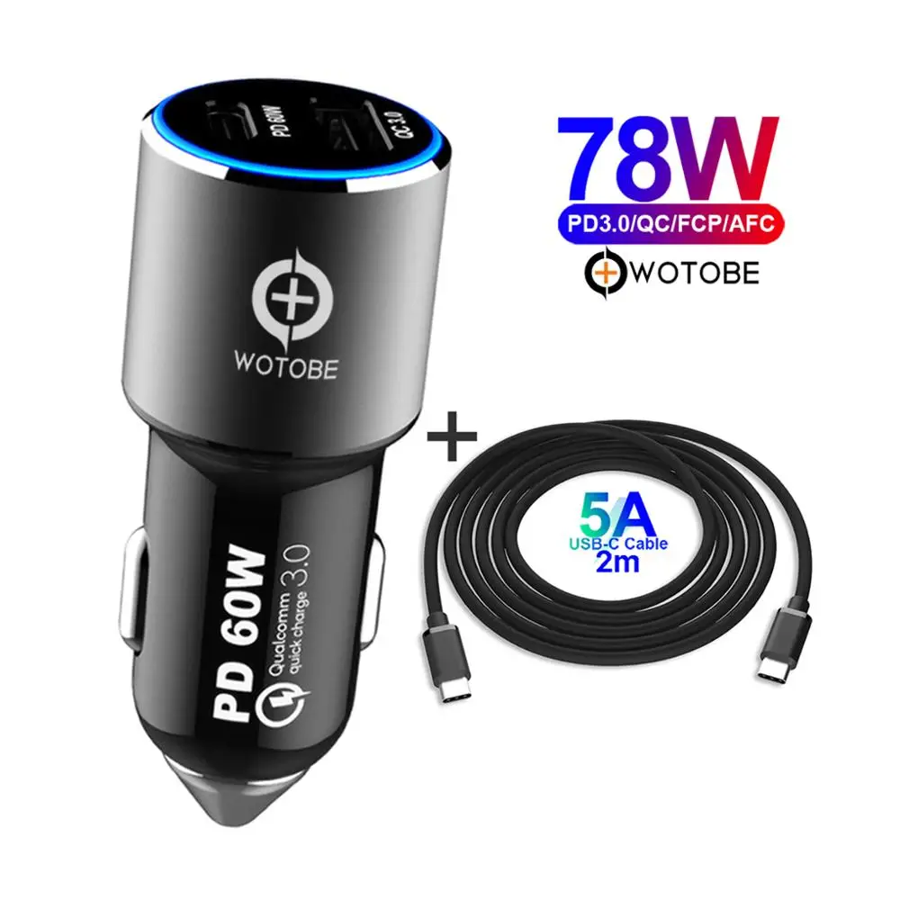 78W and Cable 2 порта 78 Вт супер быстрое автомобильное зарядное устройство, 1 PD 60 Вт 45 Вт USB C адаптер питания, 1 QC3.0/AFC, 5A USB C кабель, для xiaomi Macbook/tablet/iphone - Тип штекера: 78W and Cable