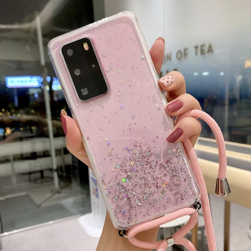 iphone se clear case Glitter Strap Cord Chain Necklace Lanyard Case For Xiaomi Mi 10T 10 CC9 E 8 9 SE 9T Pro A3 A2 Lite 6X Pocophone M3 X3 Soft Cover best iphone se case