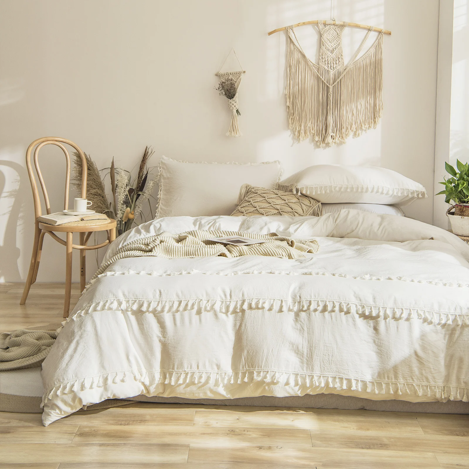 Cream White Tassel Bedding Set Queen 