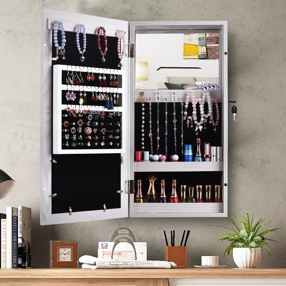 Simple PVC Wood Grain Coating Photo Storage Damp proof Jewelry Earrings Mirror Organizer Cabinet Multifunction Home Simplify Your Life With A Simple Jewelry Box A beautiful jewelry box with large space