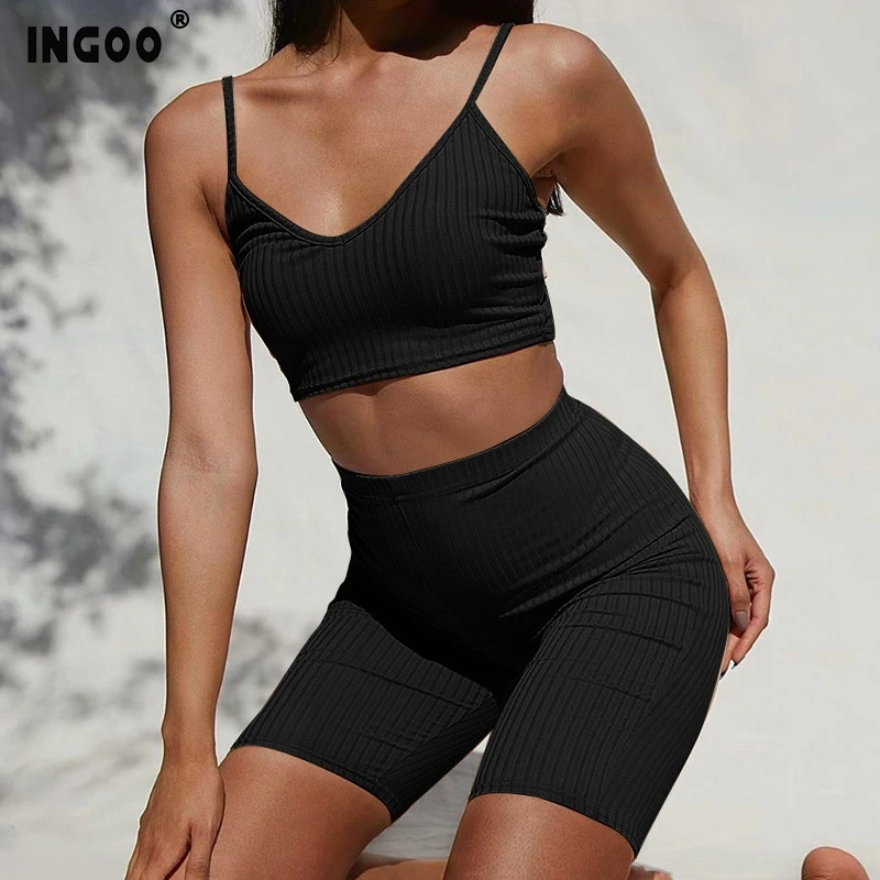 Летний спортивный костюм INGOO с открытой спиной женский укороченный топ на