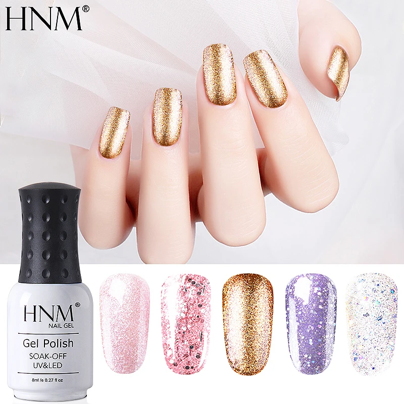 HNM Алмазный Блеск золотого цвета Гель-лак для ногтей 8 мл DIY отмачиваемый УФ