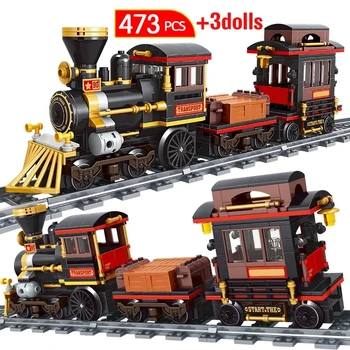 

473+pcs Classic steam train City Technic building blocks bricks Compatible Technic Enlighten Bricks Toys For Children