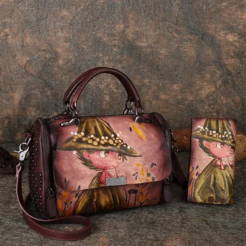 

Vintage Women Bags Gift Origional Hand-Painted Cowhide Leather Shoulder Handbag + Wallet Female