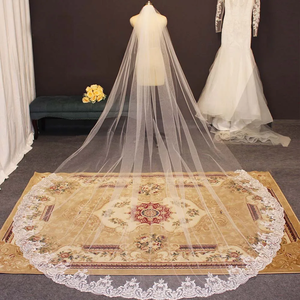 

High Quality Long Wedding Veil Partial Lace Cathedral Bridal Veil with Comb One Layer 3 Meters Bride Veil Wedding Accessories