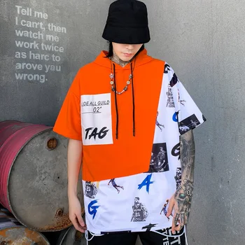 

Hip hop Short Sleeve Hooded T-shirt Men 2020 Summer New Streetwear Style Paste Cloth Letters Printing Color Stitching Top Tees