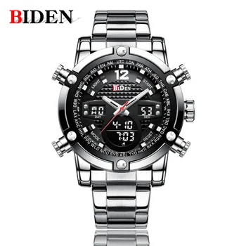 

BIDEN Big Dial Quartz Digital Watch Men Dual Display Sport Watch Waterproof Military Stainless Steel Watch Male Clock relogio