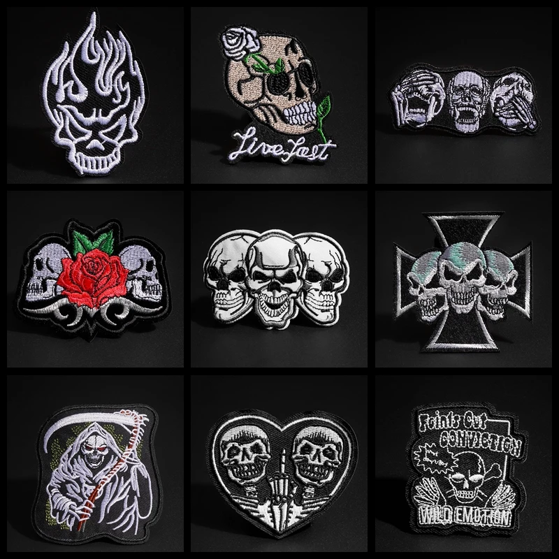Punk Black Military Patch Embroidery Ironing Clothes Patches for Clothing Biker Skull Badge Army Iron on Transfer Brand Stickers | Дом и сад
