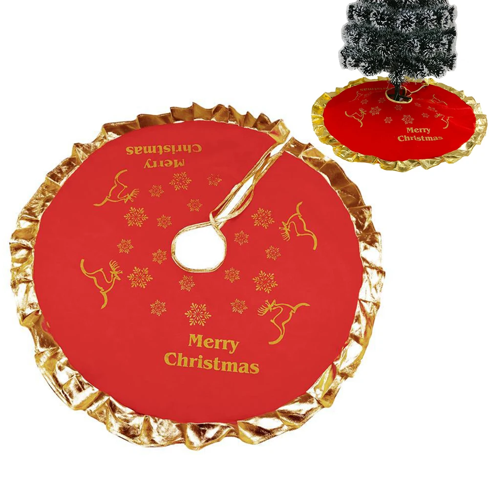 

36Inch Christmas Tree Skirt Elk Pull Cart Design Pattern Golden Silk Edging Cloth Tree Skirt for Christmas Patry Decoration 90cm