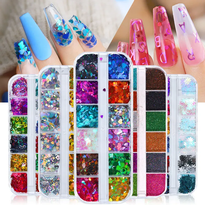 

Laser Nail Glitter Powder Box Shiny Color Powder Nail Art Flake Dust Pigment Love Heart Snowflake Sequin Nail Art Decorations