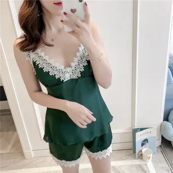 

Fiklyc New Lace Sexy Pajamas Women's Summer Silk Belt Chest Pad Two-Piece Suit Can Be Worn Outside