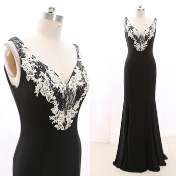 

MACloth Black Sheath V Neck Floor-Length Long Crystal Jersey Prom Dresses Dress L 268586 Clearance