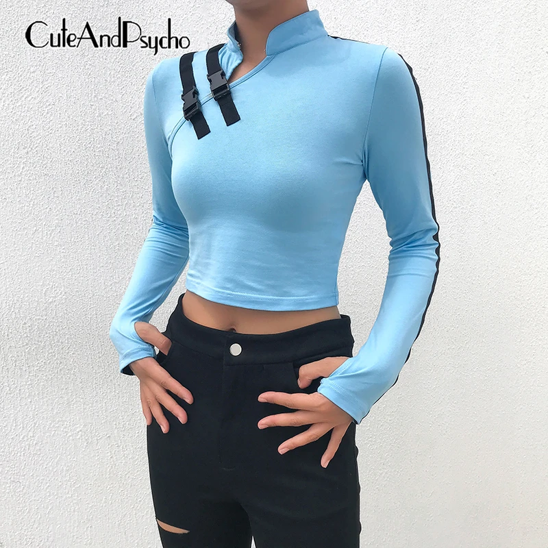 

2019 Mandarin Collar T-shirts Womens Chinese Style Cropped Tops Long Sleeve Solid Streetwear Tees New Fashion Blue Cuteandpsycho